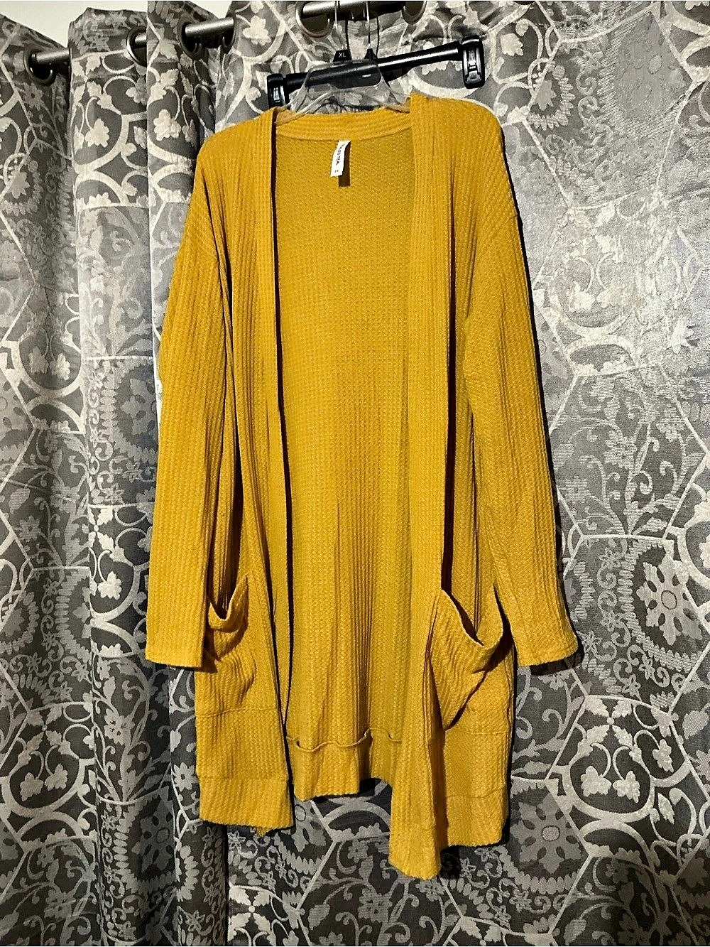 Tickled Teal Waffle Knit Longline Open Front Cardigan Yellow 2X